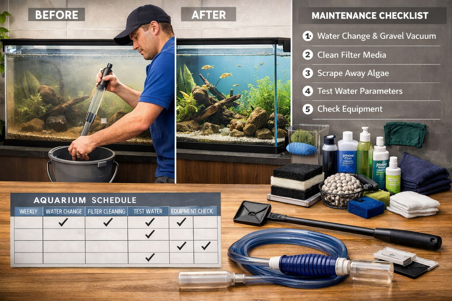 Modern aquarium maintenance routine visualization showing cleaning equipment, water change siphon system, filter media replacement, algae sc