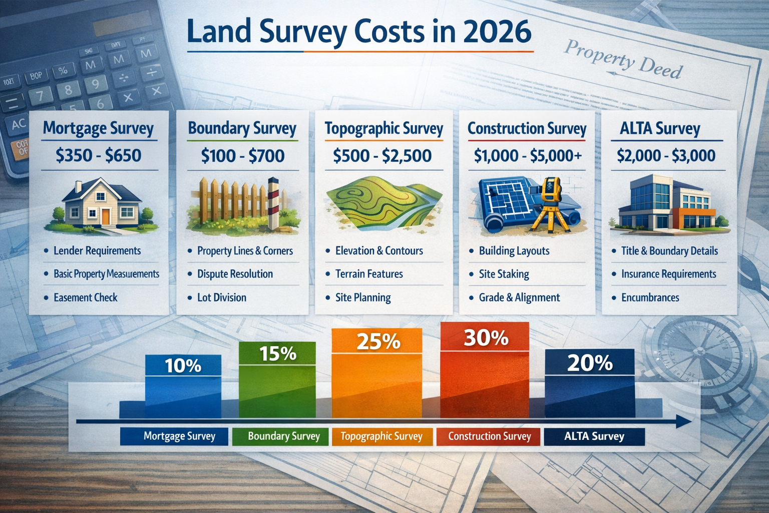 Detailed landscape format (1536x1024) infographic showing breakdown of land survey types and costs in 2026. Visual hierarchy with five disti