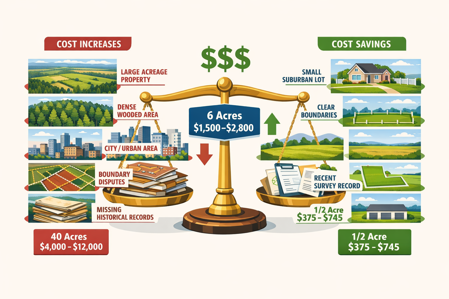 Detailed landscape format (1536x1024) illustration showing factors affecting land survey costs with visual metaphor of balance scale. Left s