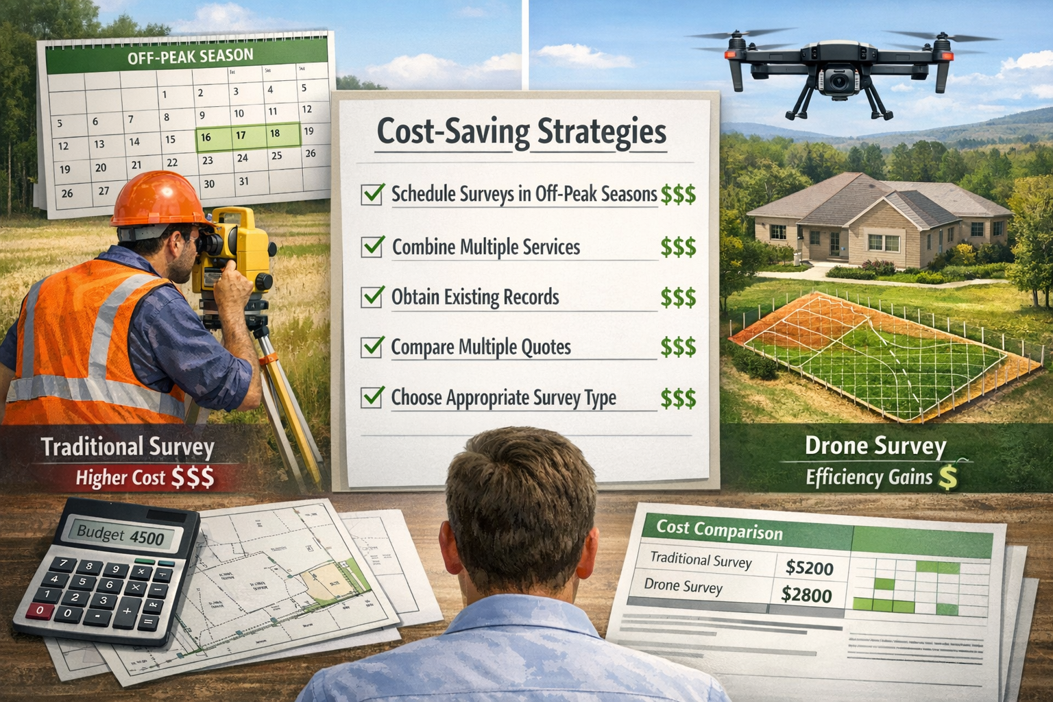 Detailed landscape format (1536x1024) strategic planning scene showing property owner reviewing survey options with cost-saving strategies. 
