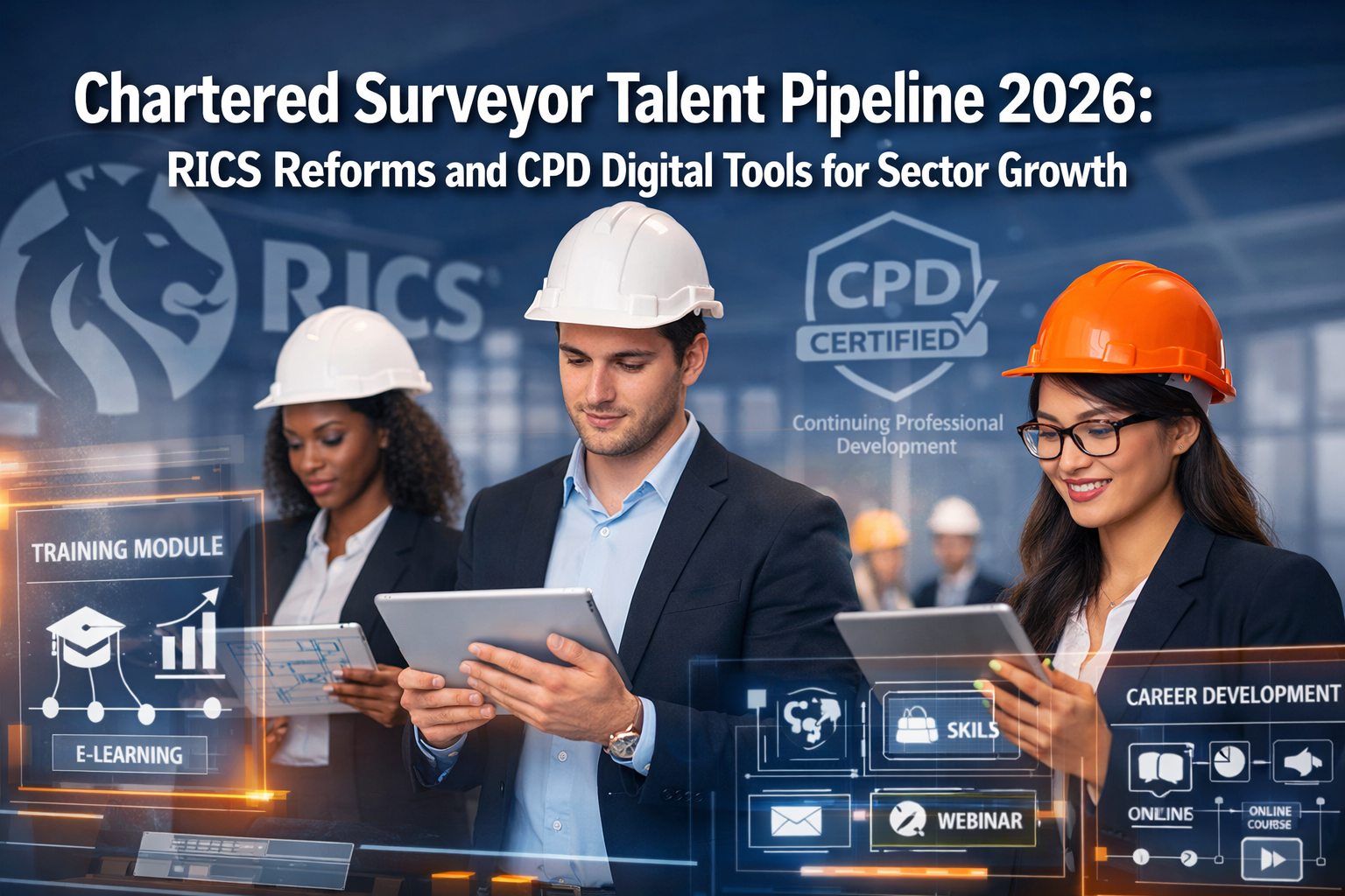 Professional () hero image with 'Chartered Surveyor Talent Pipeline 2026: RICS Reforms and CPD Digital Tools for Sector