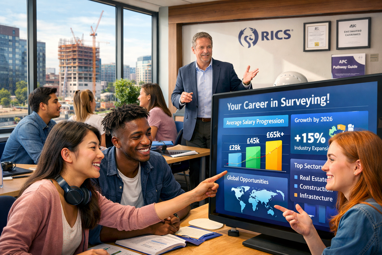 () dynamic recruitment and talent attraction scene showing diverse group of young professionals aged 20-30 in modern RICS