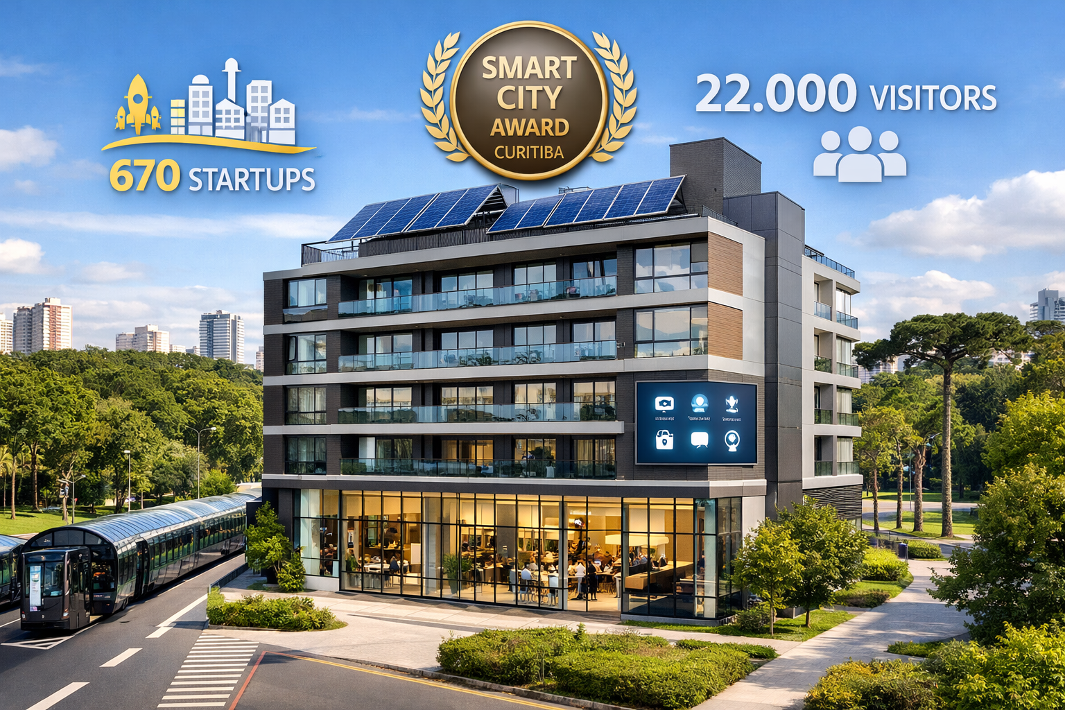 Wide-angle editorial photograph of a sleek mid-tier condominium building in Curitiba Brazil featuring smart home technology