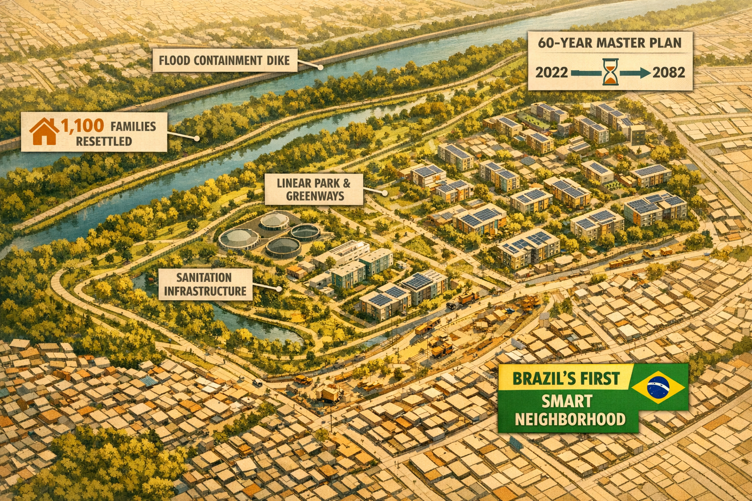 Overhead bird's-eye view illustration of Curitiba's Bairro Novo da Caximba smart neighborhood development showing planned