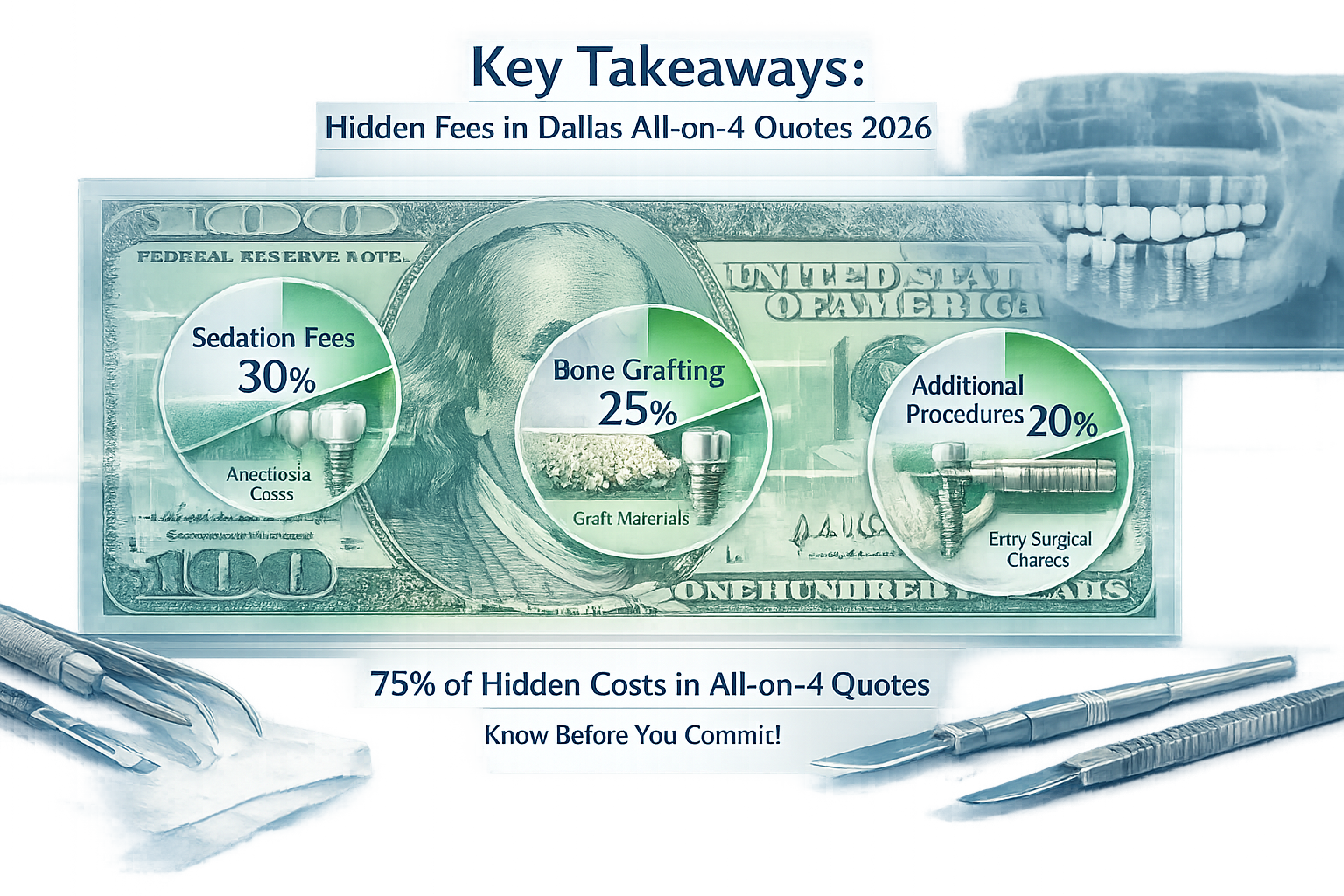 Key Takeaways section infographic for 'Hidden Fees in Dallas All-on-4 Quotes 2026'. Architectural medical visualization featuring transparen