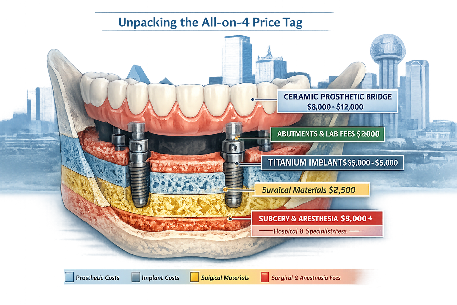 Section 2 visual exploring 'Unpacking the All-on-4 Price Tag' with detailed cross-section illustration of dental implant procedure. Technica
