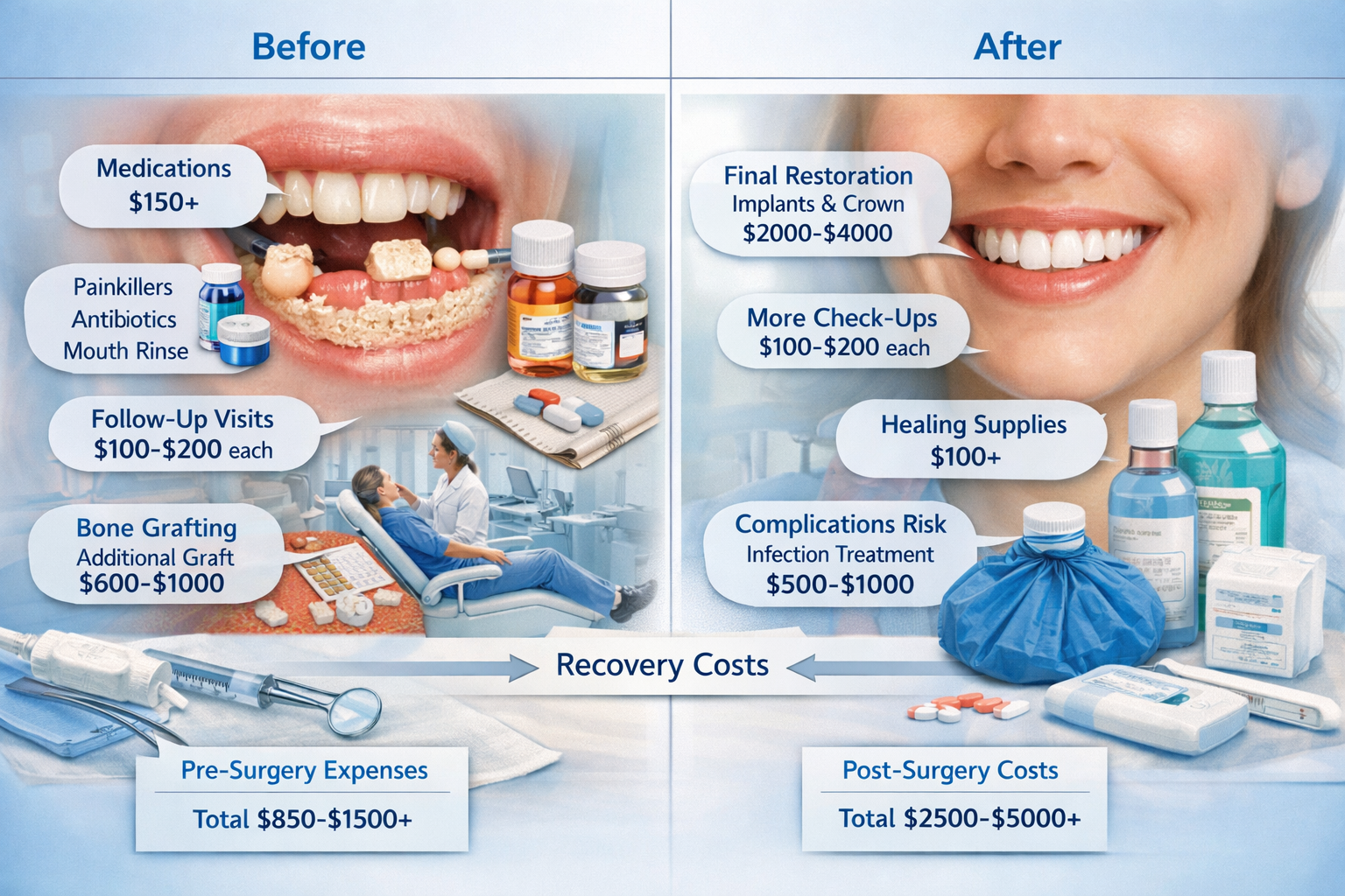 Section 3 post-operative care visualization depicting comprehensive recovery cost landscape. Split-screen medical illustration showing befor
