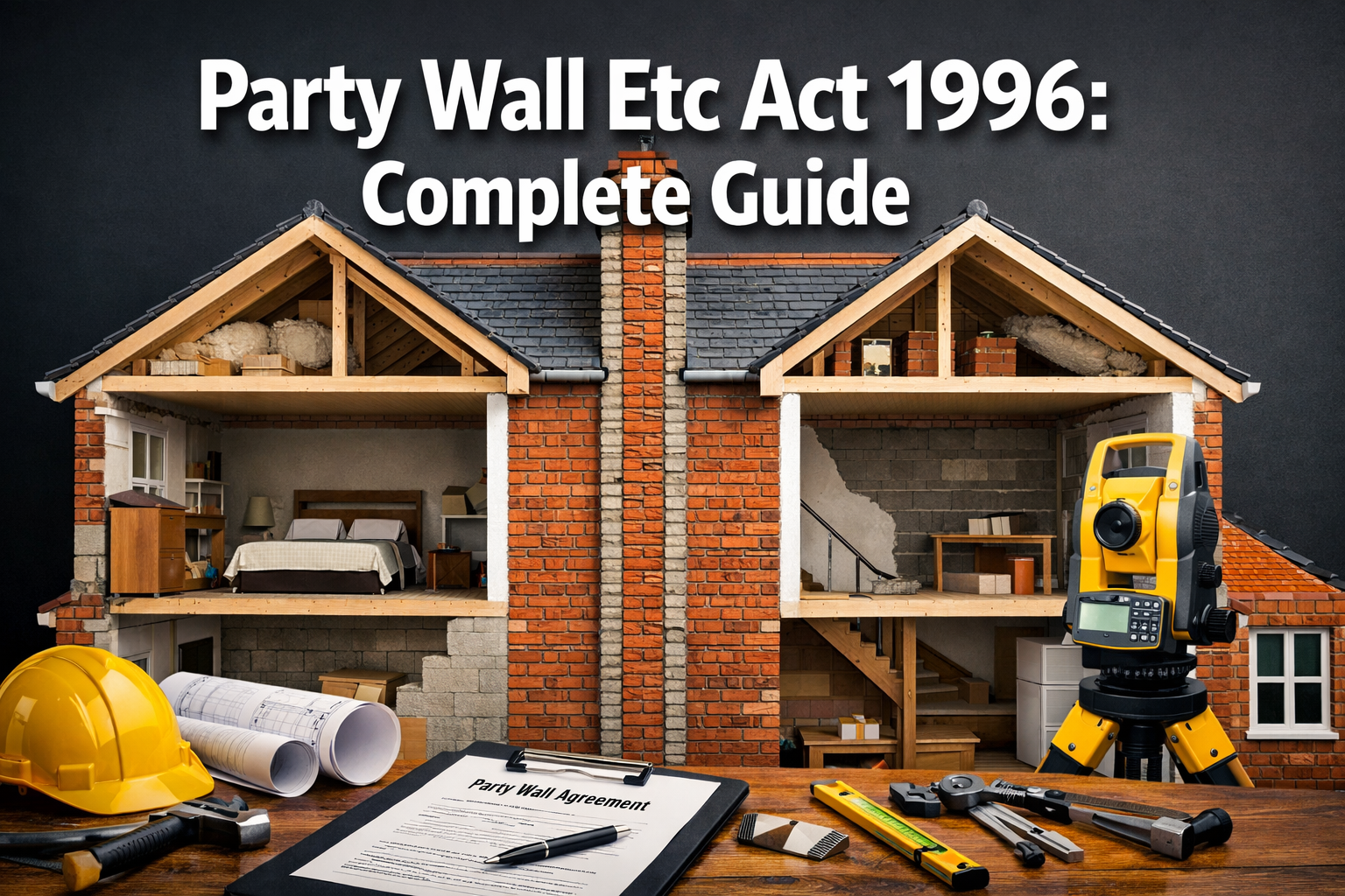 Professional landscape format (1536x1024) hero image featuring bold text overlay 'Party Wall Etc Act 1996: Complete Guide' in extra large 72
