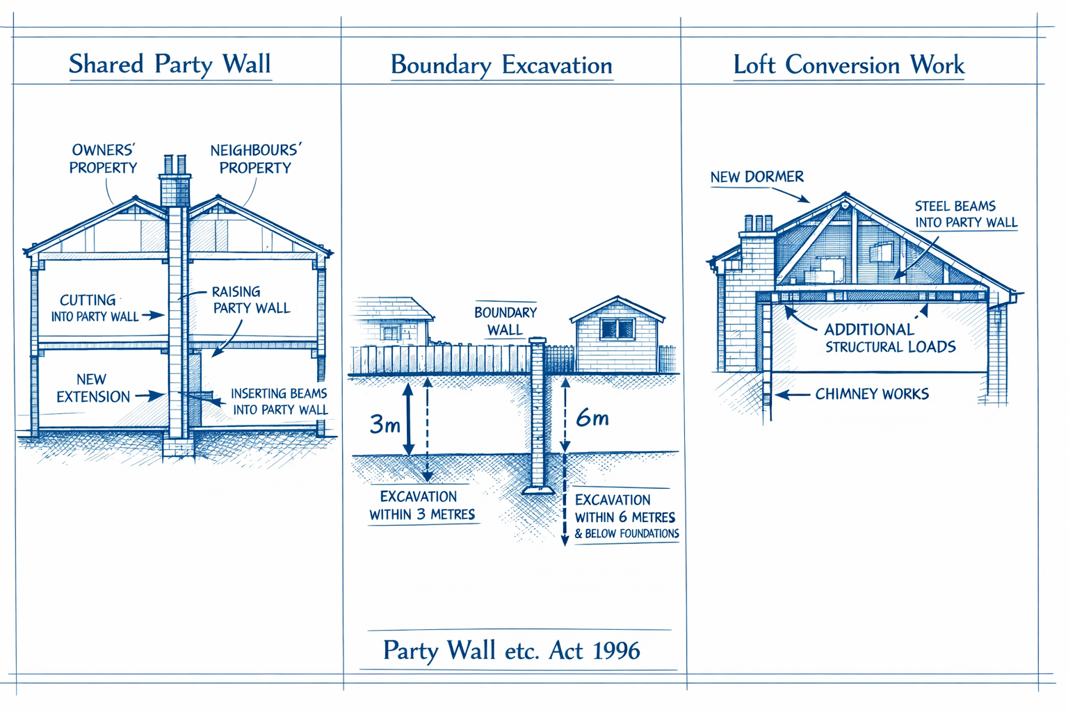 Detailed landscape format (1536x1024) illustration showing three types of party wall scenarios covered under the Party Wall Etc Act 1996: le