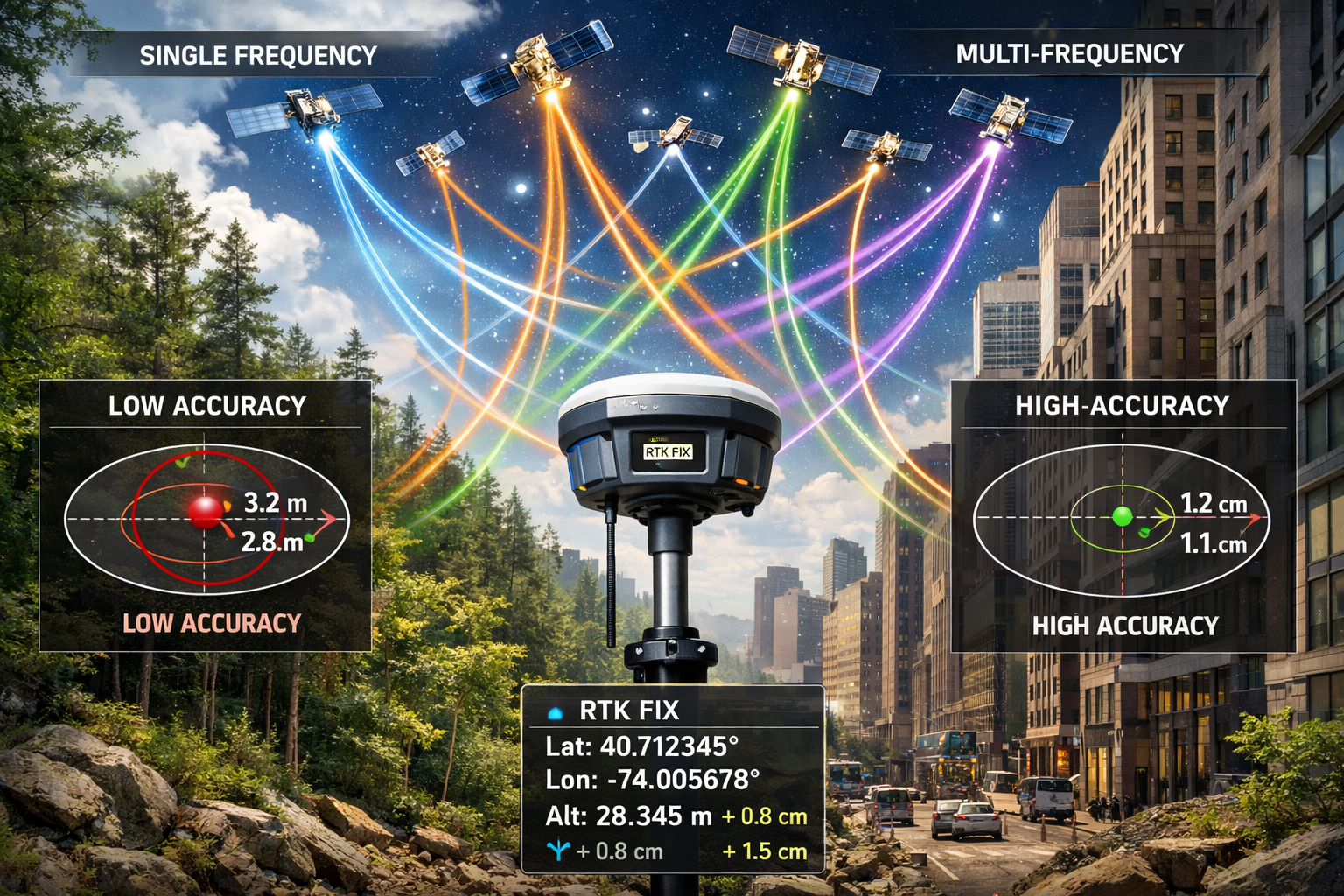 Detailed landscape format (1536x1024) image depicting GPS/GNSS receiver technology in action with multi-frequency satellite signal visualiza