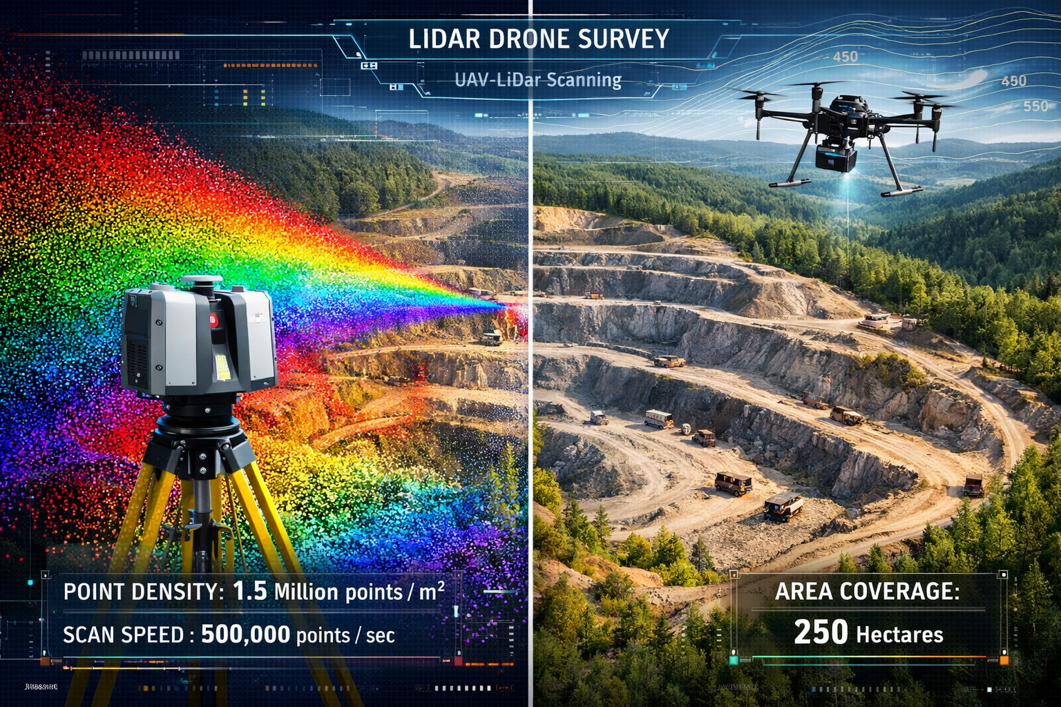 Detailed landscape format (1536x1024) image showcasing 3D laser scanning technology and UAV-LiDAR integration in large-scale surveying proje