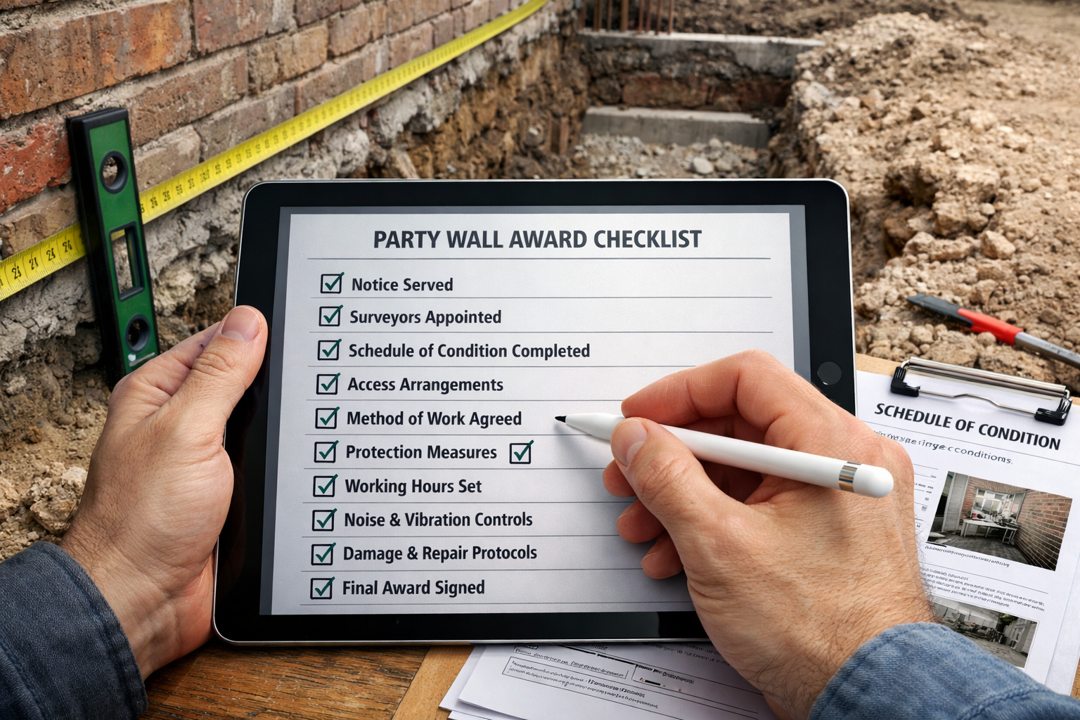 () detailed image showing surveyor's digital tablet displaying party wall award checklist with checkboxes and compliance