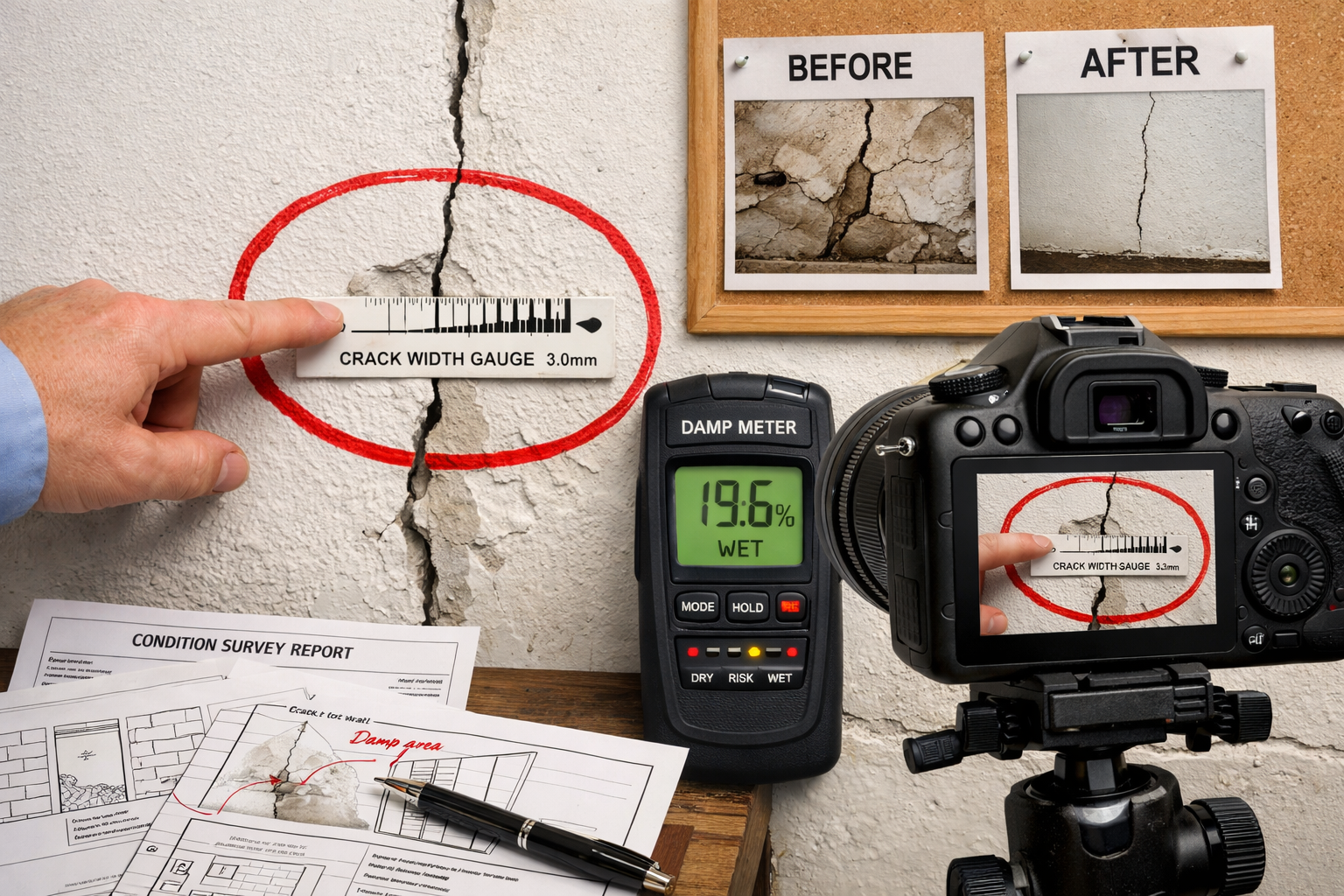 () close-up image of structural defect identification showing crack propagation in party wall with surveyor's hand pointing