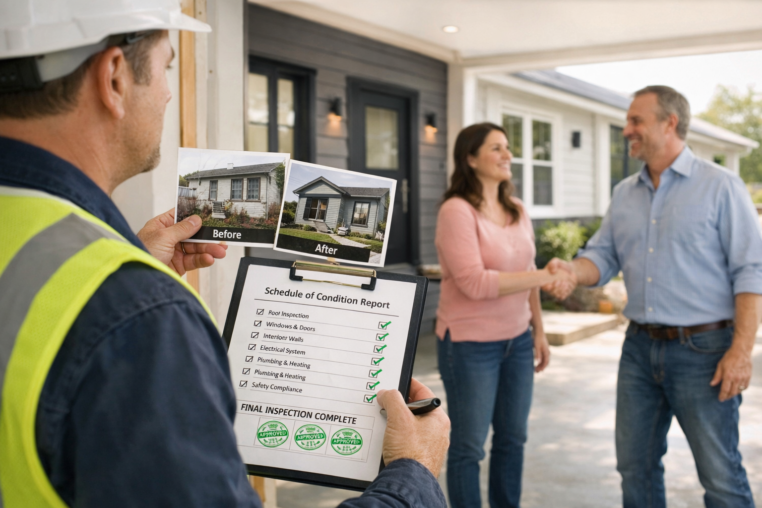 () wide-angle image of surveyor conducting final compliance verification walkthrough showing two adjacent properties with