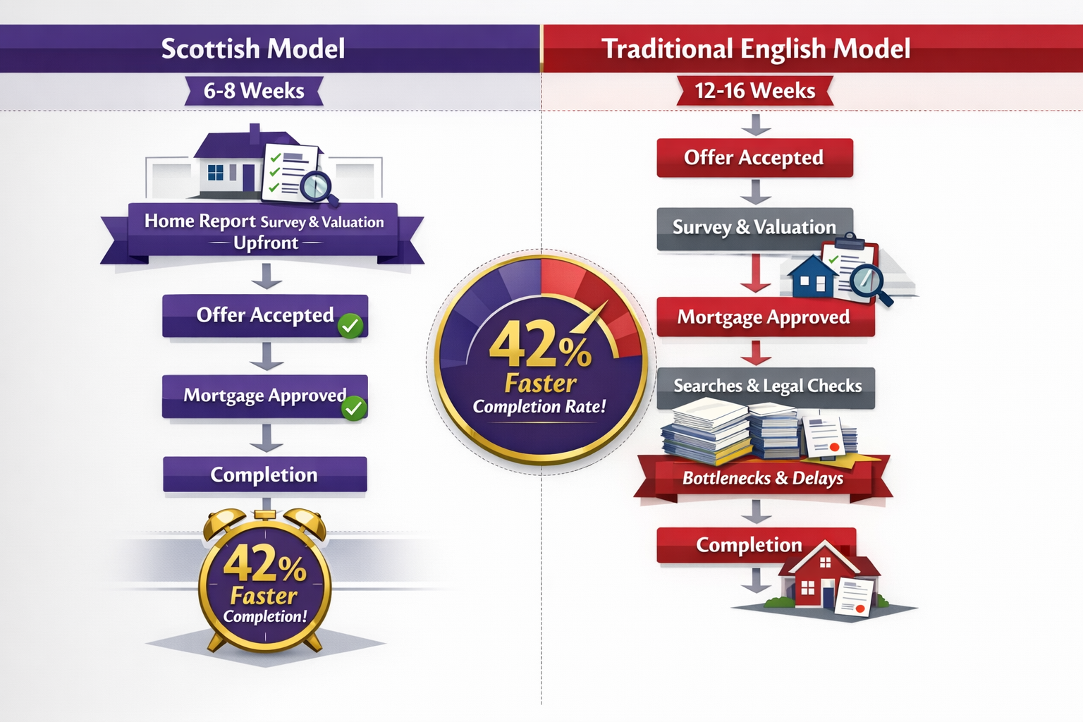 Detailed landscape format (1536x1024) infographic-style image showing side-by-side comparison flowchart of Scottish versus English property