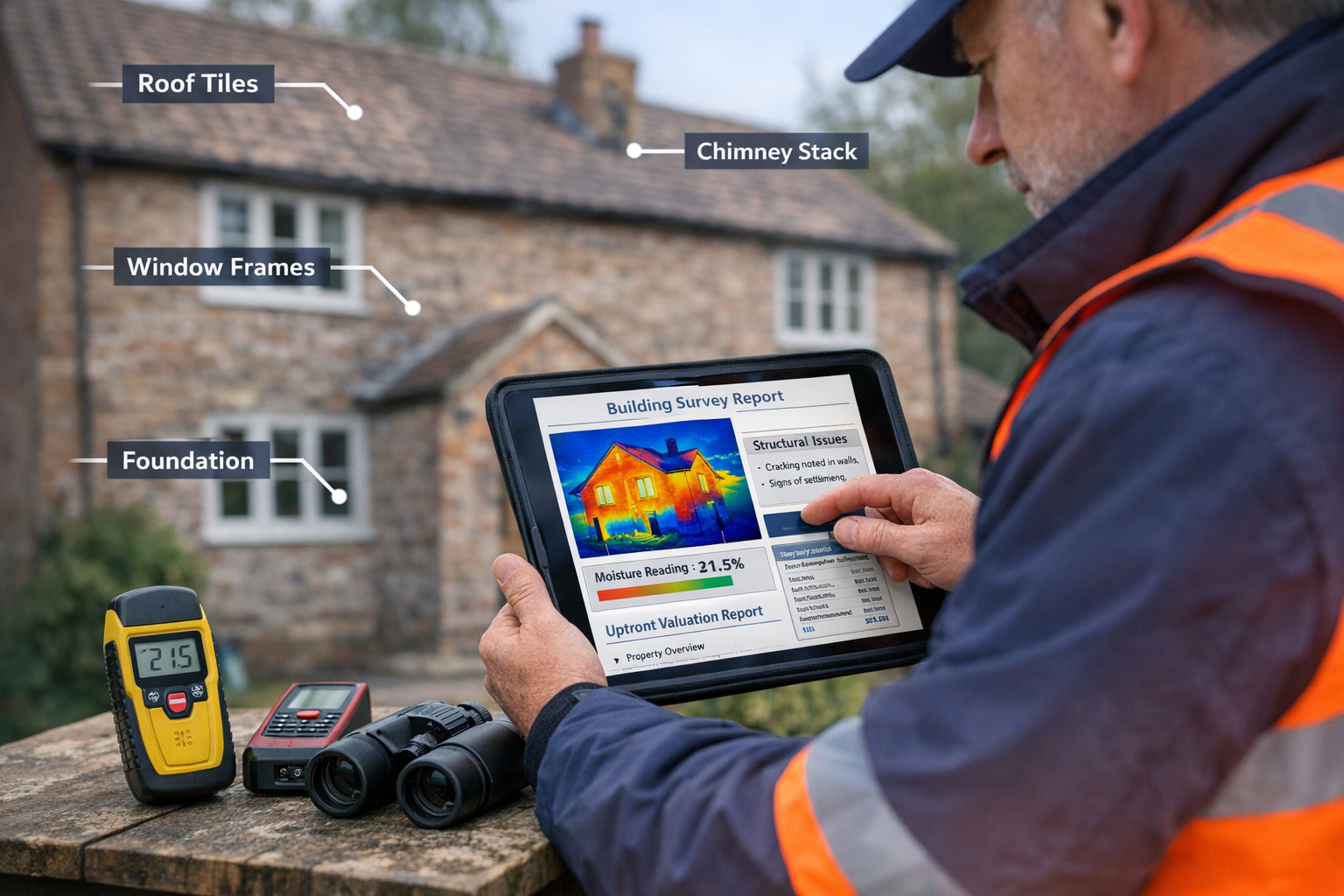 Detailed landscape format (1536x1024) photograph-style image showing professional RICS chartered surveyor in high-visibility vest conducting