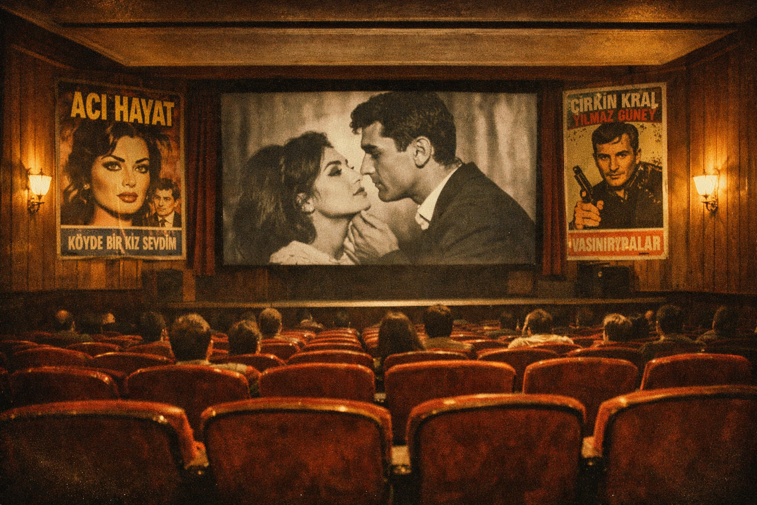 () editorial photograph of a classic Turkish cinema interior from the 1960s Yeşil&ccedil;am era, ornate red velvet seats, a