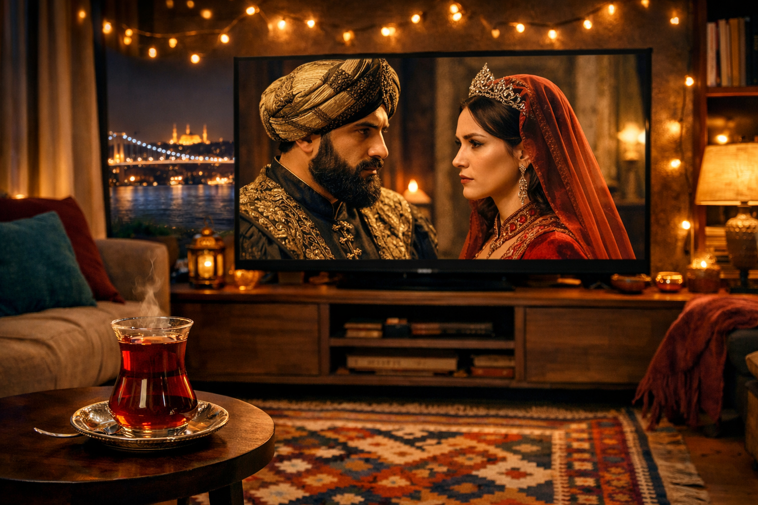 () modern editorial photograph showing a cozy Turkish living room scene at night: a large flatscreen TV displaying a