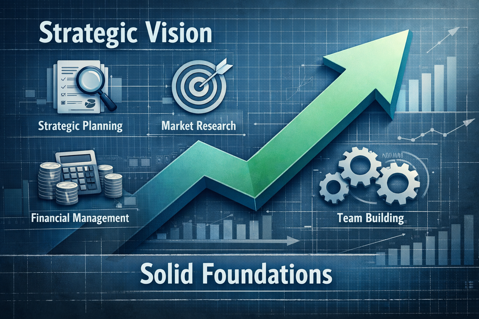 Detailed landscape format (1536x1024) image illustrating the foundational strategies for business growth. The composition features a strong,