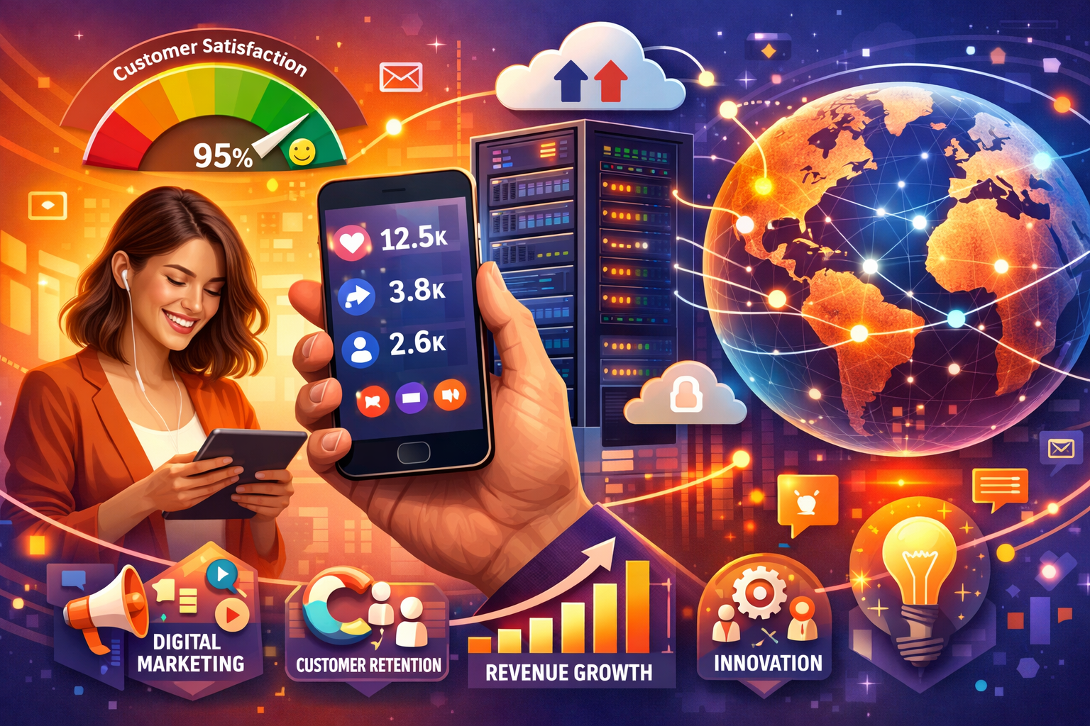 Detailed landscape format (1536x1024) image focusing on the practical execution and scaling of a growing business. The scene depicts a vibra