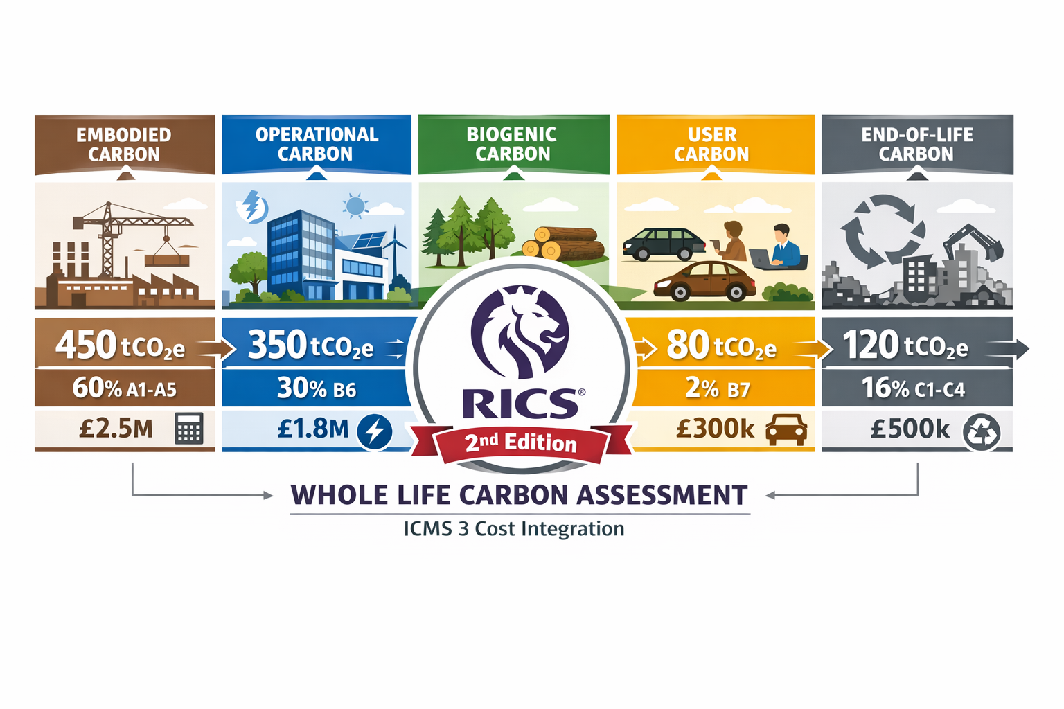 Detailed () infographic-style image illustrating comprehensive whole life carbon assessment framework across building