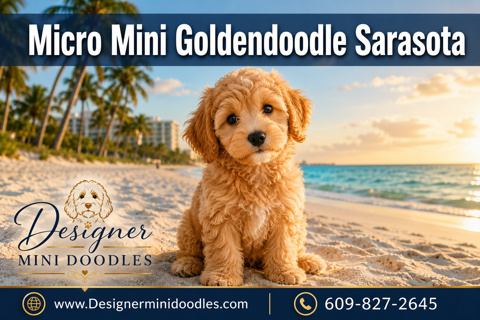 Professional () hero image featuring 'Micro Mini Goldendoodle Sarasota' in extra large white with dark drop , centered in