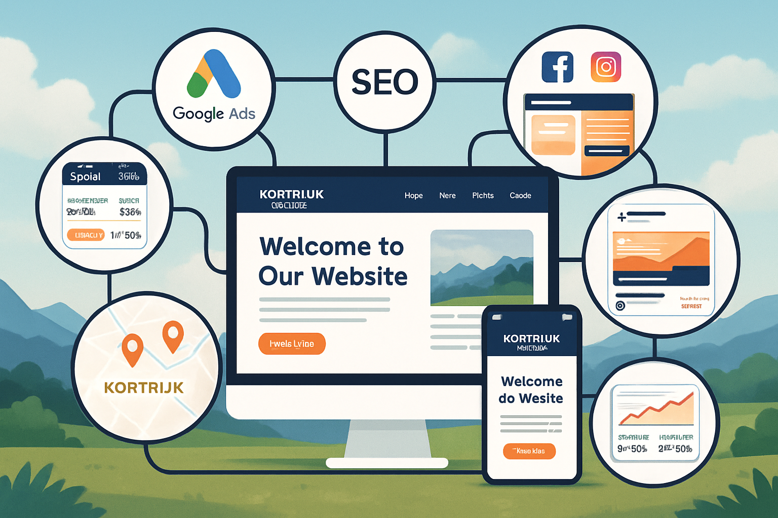 Detailed landscape composition (1536x1024) showing integrated website and marketing ecosystem for Kortrijk businesses. Central element is pr