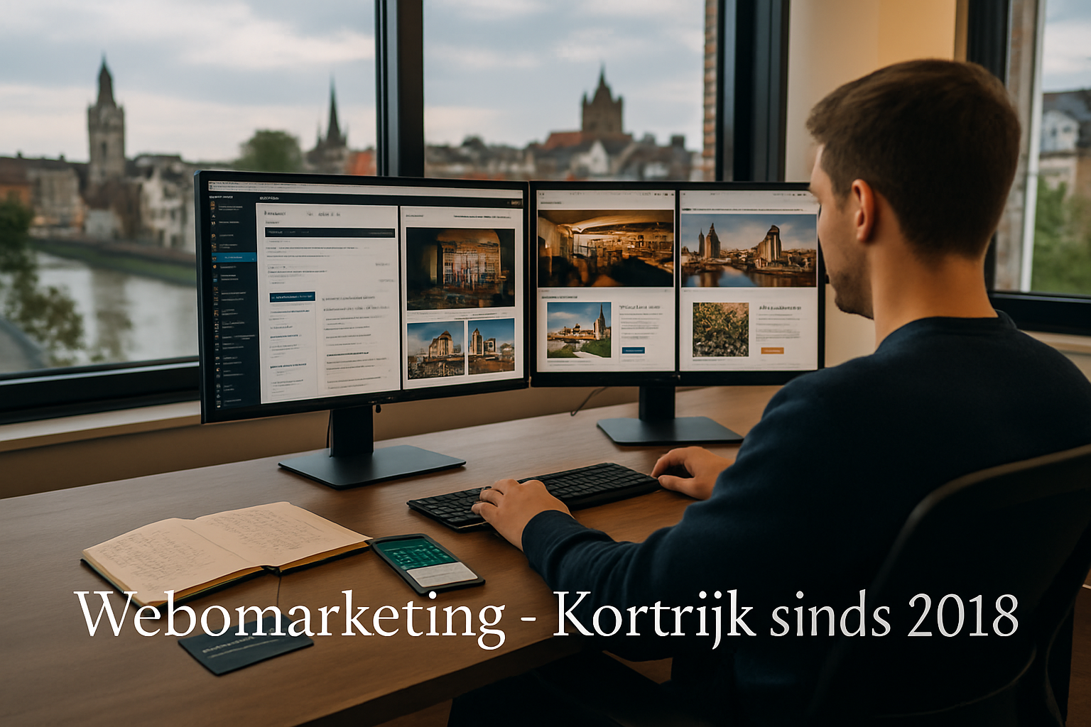 Landscape photograph-style image (1536x1024) showing modern Kortrijk office workspace at Bloemistenstraat with professional webdesigner work