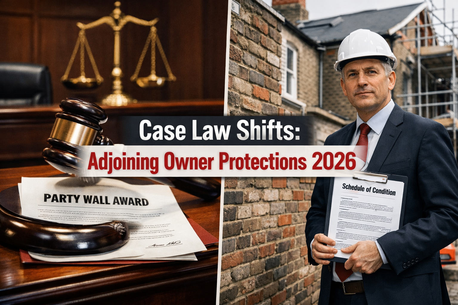 Detailed () editorial illustration showing a split courtroom and construction site scene. Left half: a County Court judge's