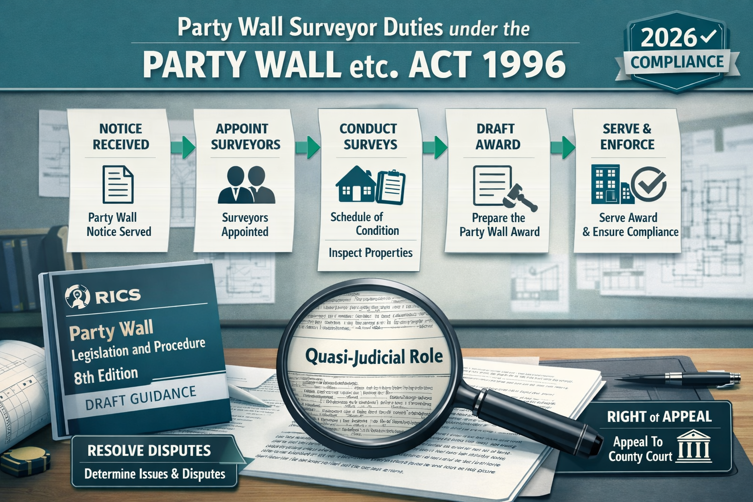() infographic-style image showing a formal timeline or flowchart of party wall surveyor duties and obligations under the