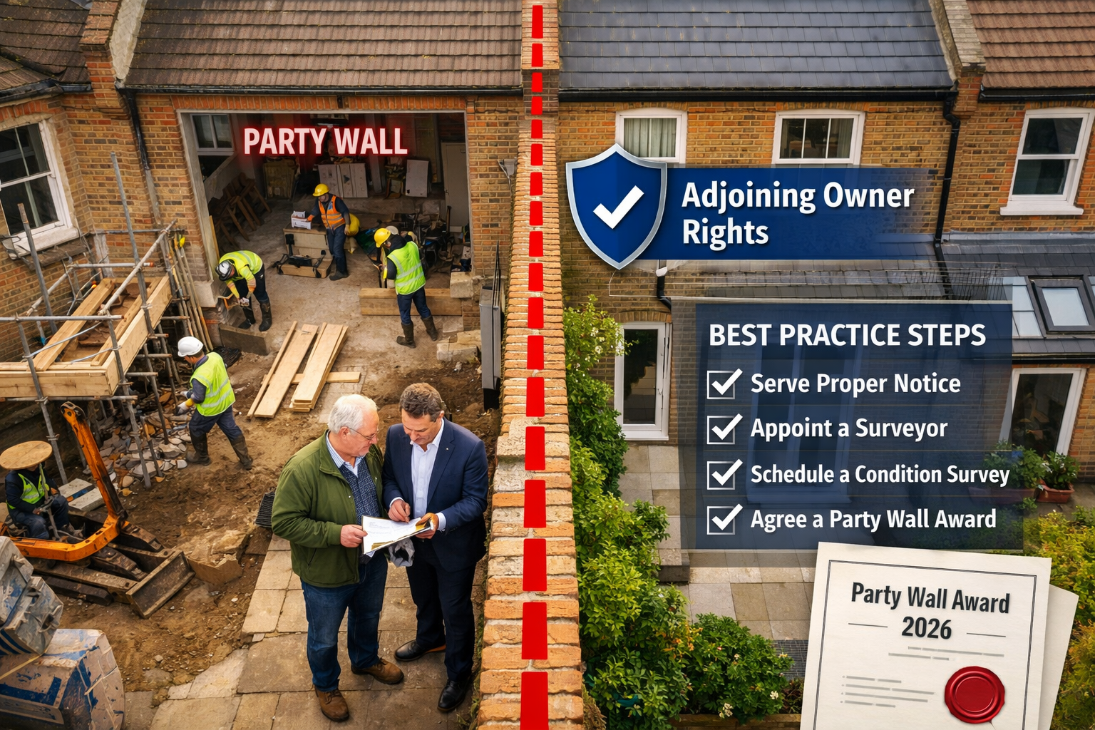 () aerial perspective of two adjacent London properties with a clearly marked party wall boundary, showing a construction