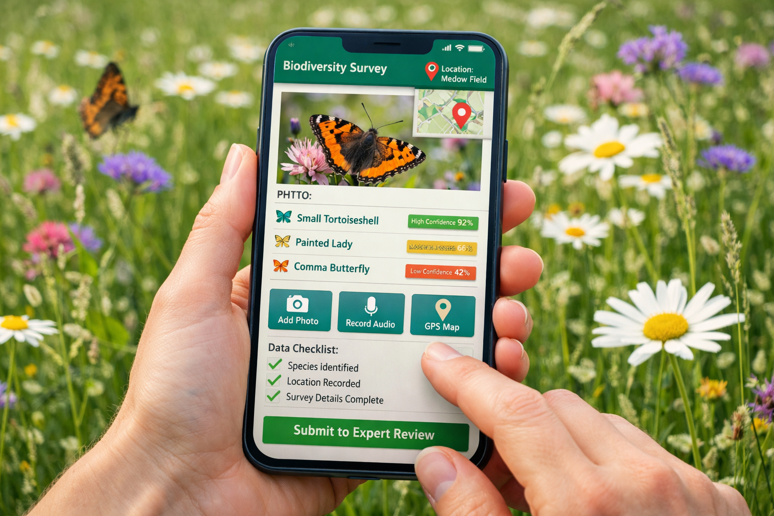 () detailed illustration showing smartphone screen displaying biodiversity survey app interface with species identification