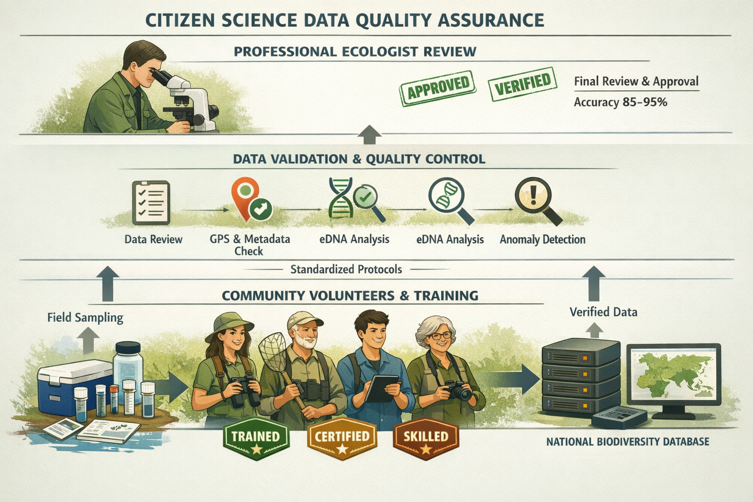() infographic-style image depicting training and validation framework flowchart for citizen science data quality assurance.
