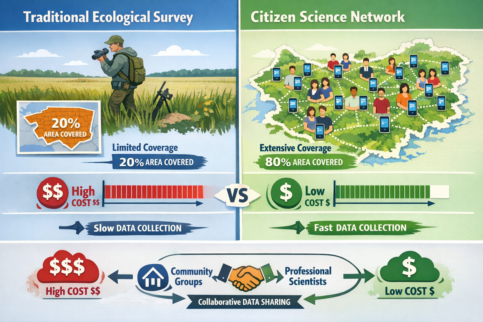 () split-screen comparison image showing traditional professional ecological survey on left (single ecologist with expensive