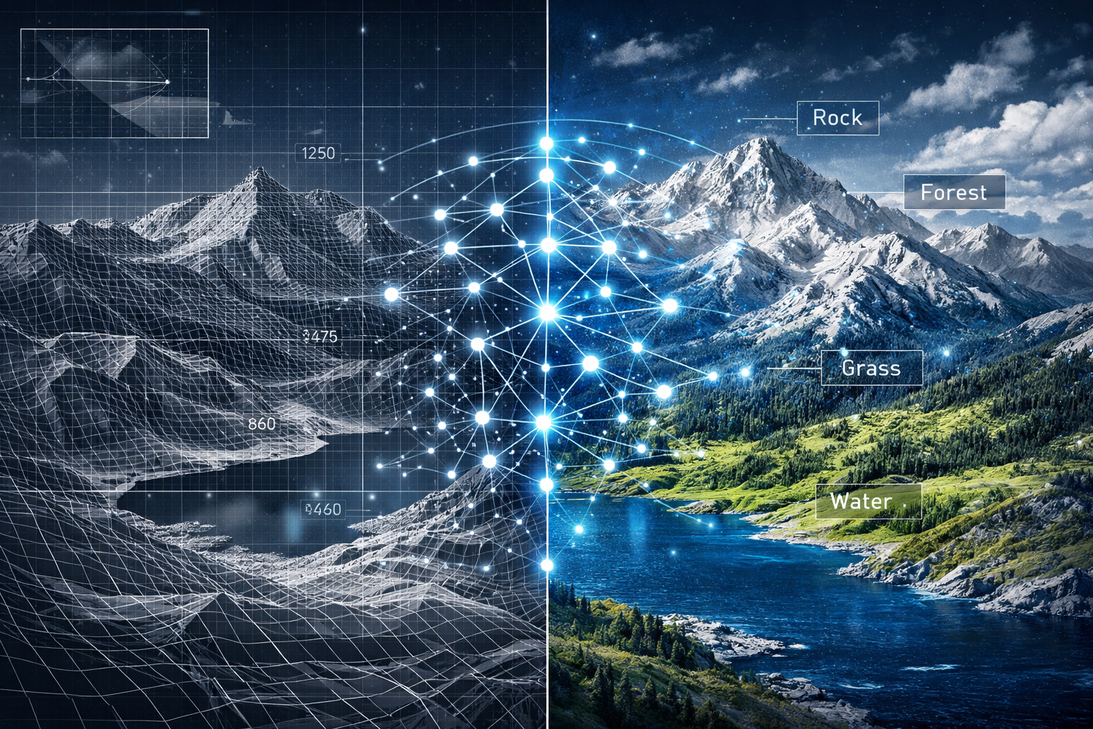 Understanding AI-Driven Terrain Classification section: Cinematic landscape split-screen visualization showing raw topographical survey data