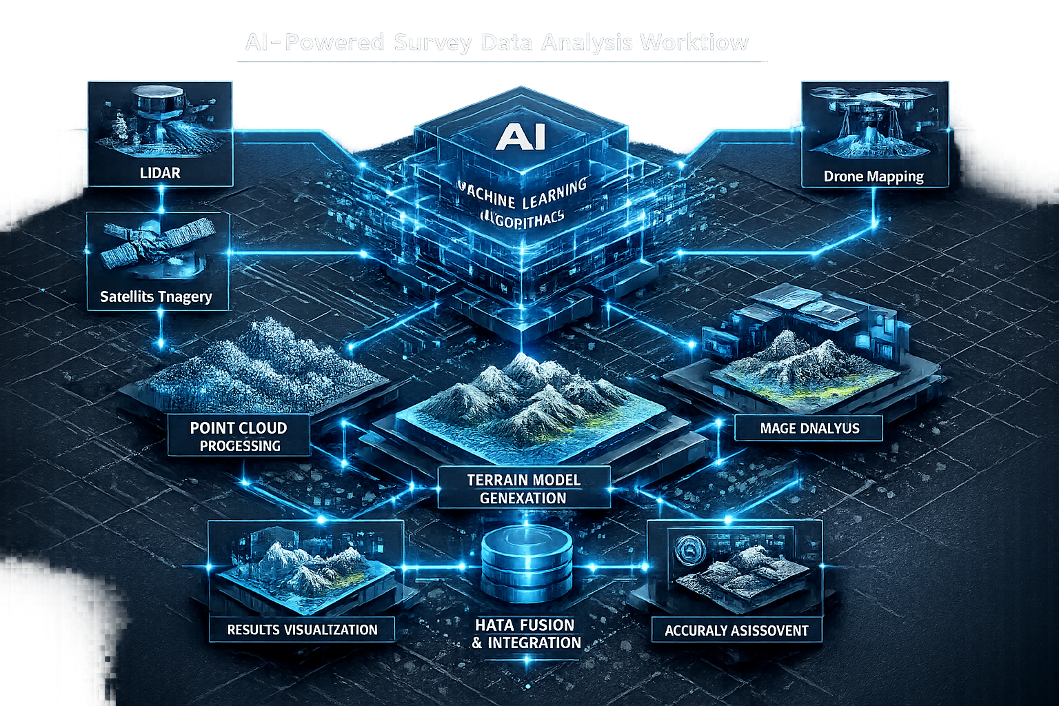 How AI is Revolutionizing Survey Data Analysis Workflows section: Isometric workflow diagram illustrating AI-powered survey data processing