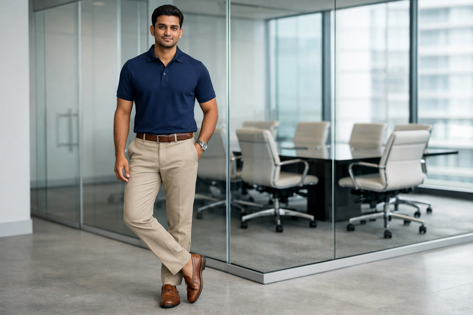 Landscape format (1536x1024) image showing professional Indian man in premium polo styled for office environment, paired with tailored chino