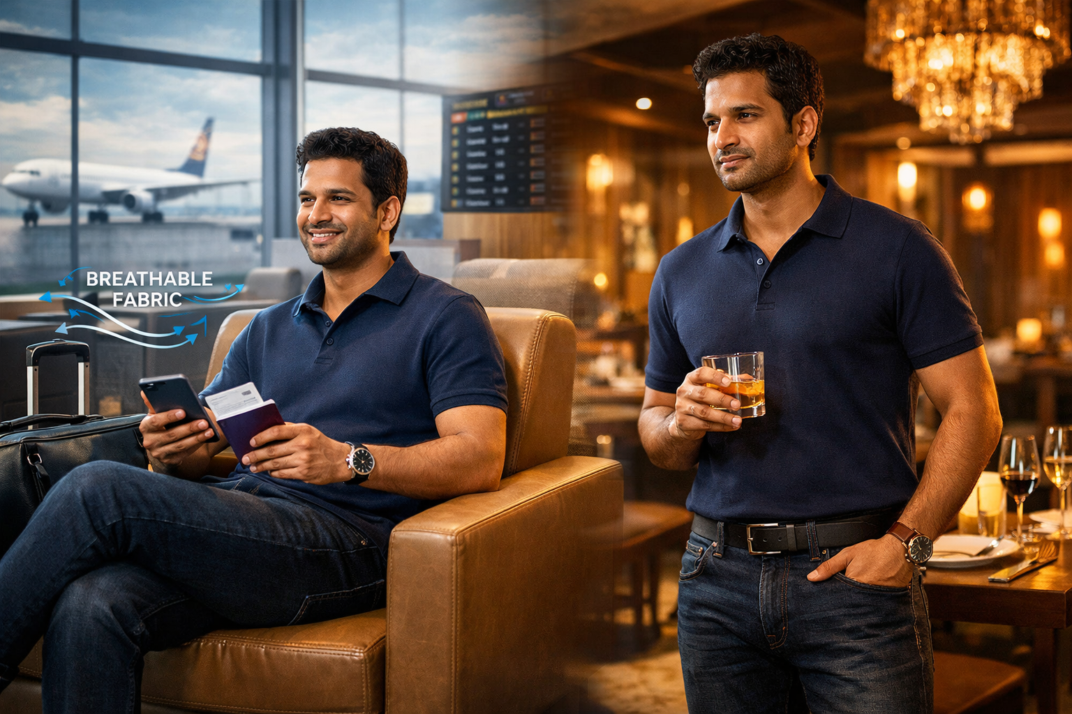 Landscape format (1536x1024) image displaying versatile polo styling for travel and evening occasions, featuring premium polo in sophisticat