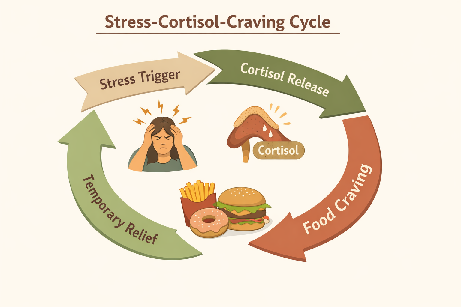 Infographic diagram showing the stress-cortisol-craving cycle: three connected arrows forming a loop labeled 'Stress Trigger
