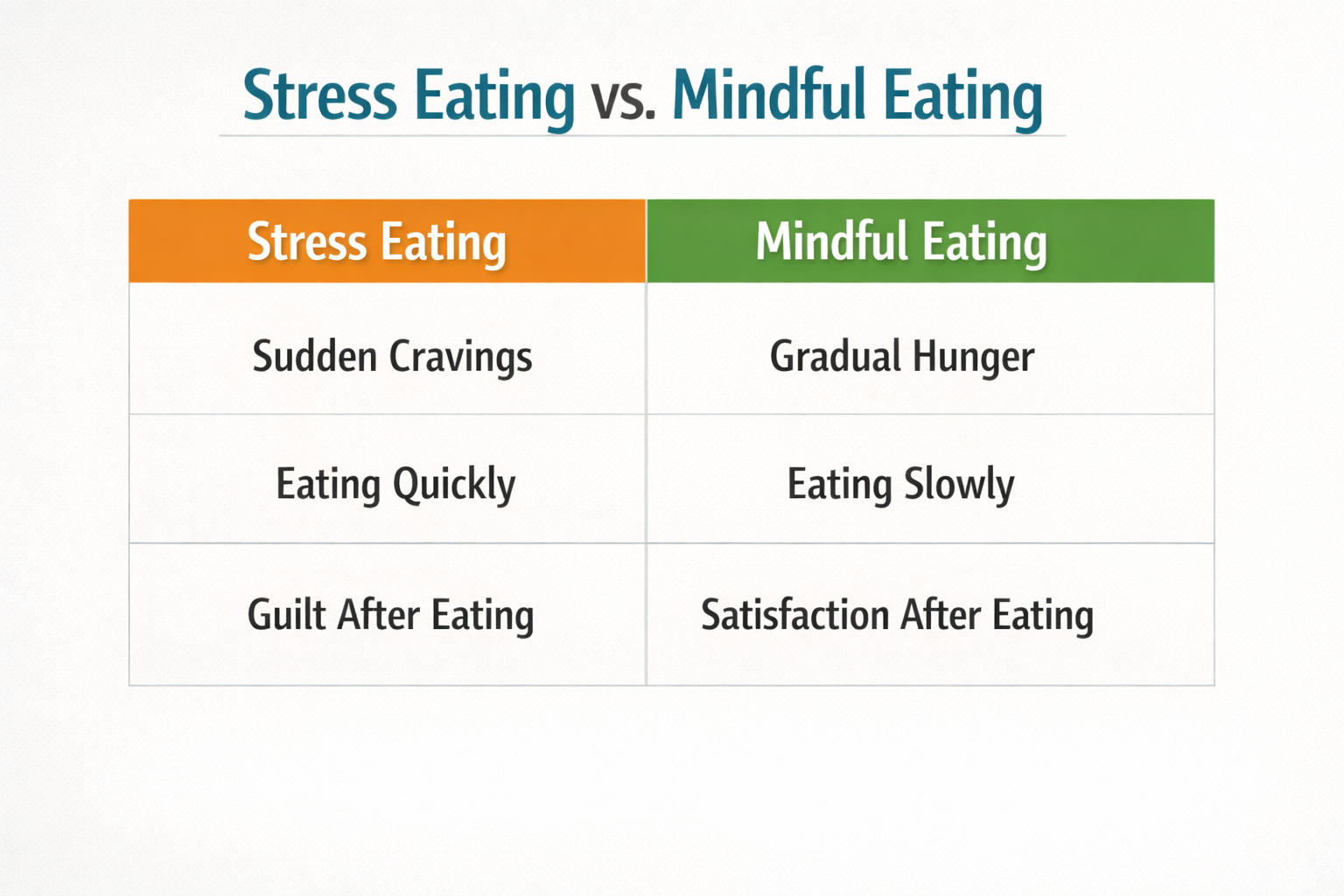 Side-by-side comparison table graphic: 'Stress Eating vs. Mindful Eating' with two columns showing contrasting behaviors —