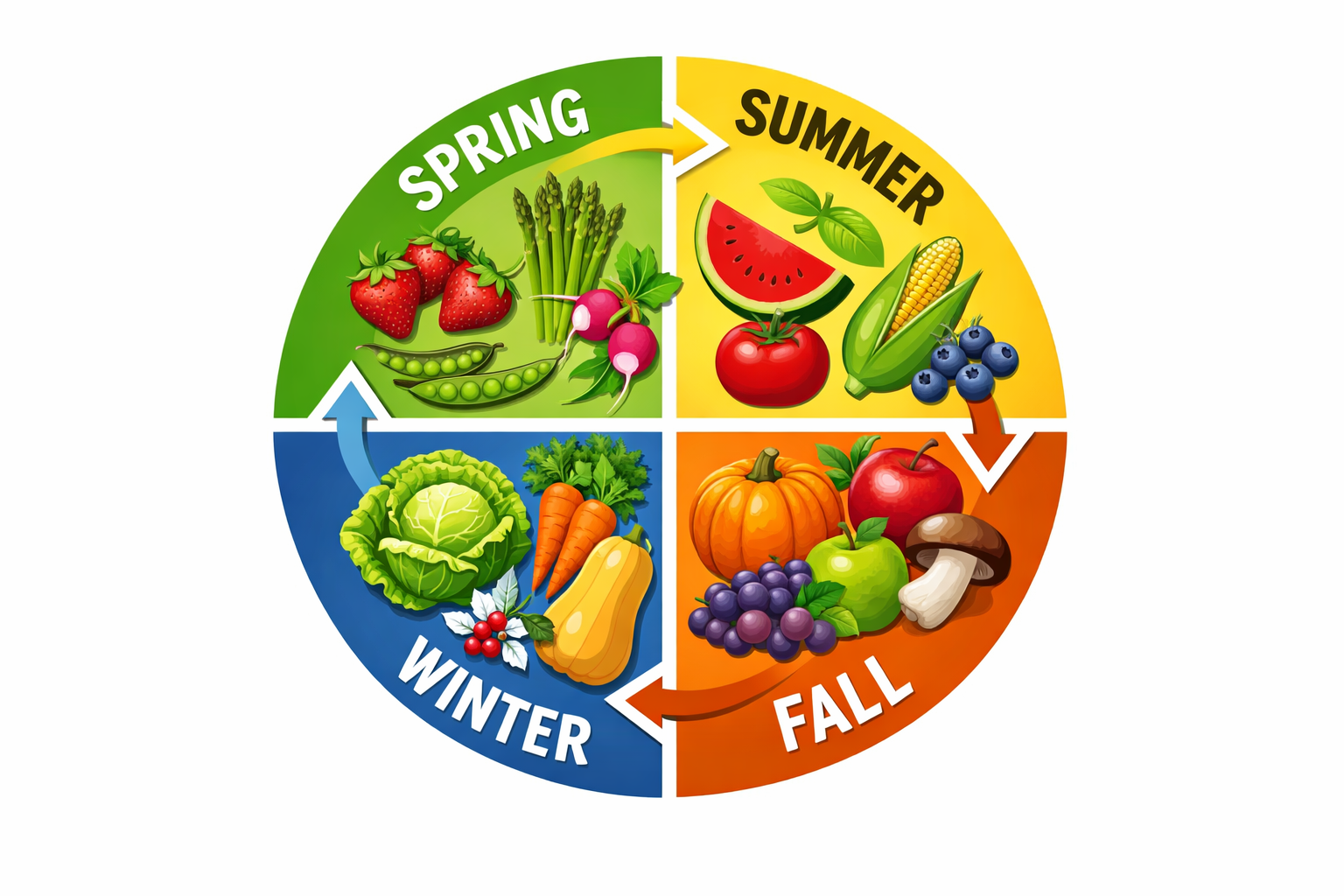 Colorful circular infographic wheel divided into four seasons with illustrated produce icons, arrows showing seasonal flow,