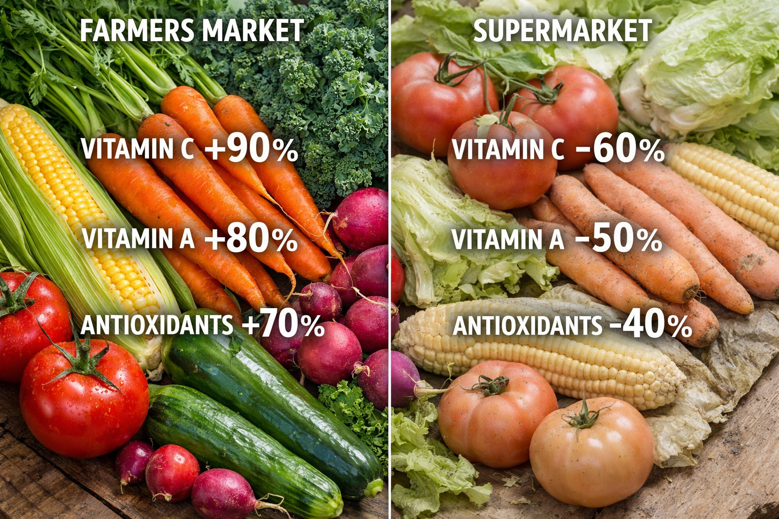 Split-panel comparison photo showing nutrient-dense fresh farmers market vegetables vs. pale out-of-season supermarket