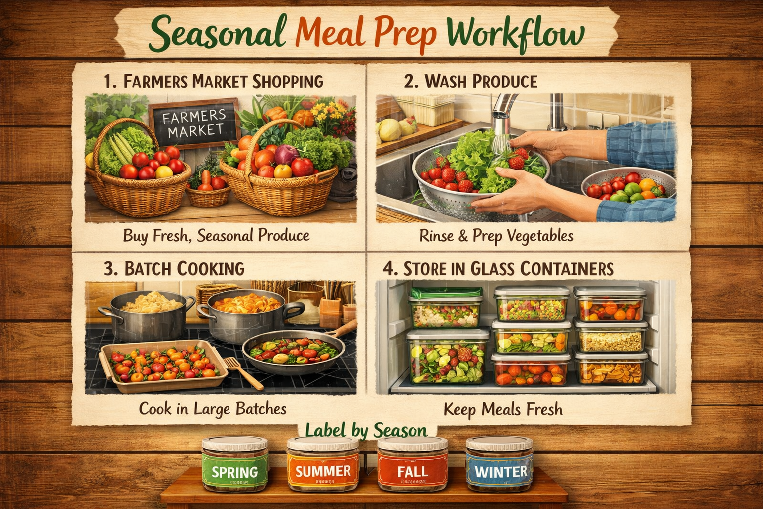 Clean step-by-step visual guide showing seasonal meal prep workflow: farmers market shopping, washing produce, batch