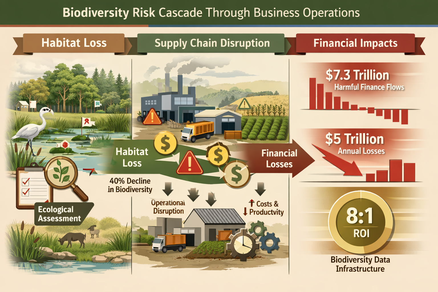 Detailed () infographic illustration showing the financial cascade of biodiversity risk through business operations. Central