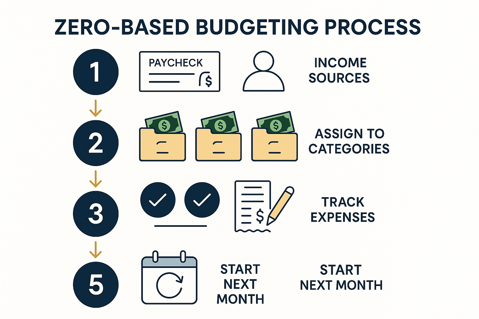 Detailed infographic illustration showing five sequential steps of zero-based budgeting process in vertical flow chart format. Each step fea