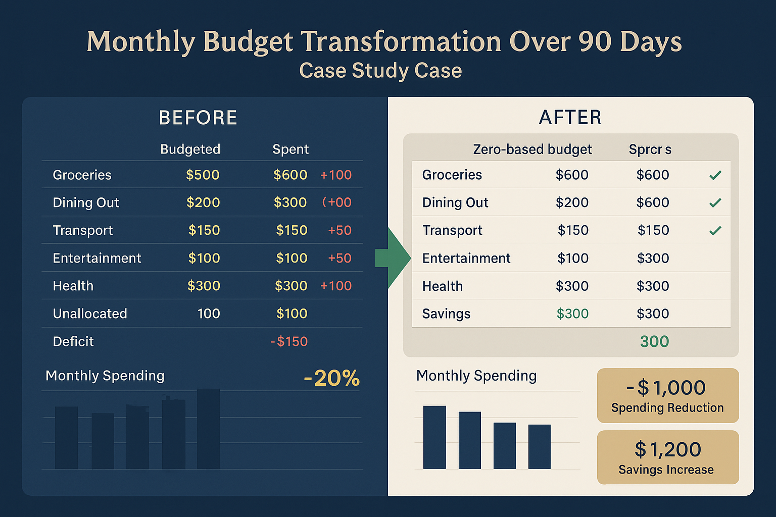 Before and after case study visualization showing monthly budget transformation over 90 days. Split screen design with 'Before' section on l