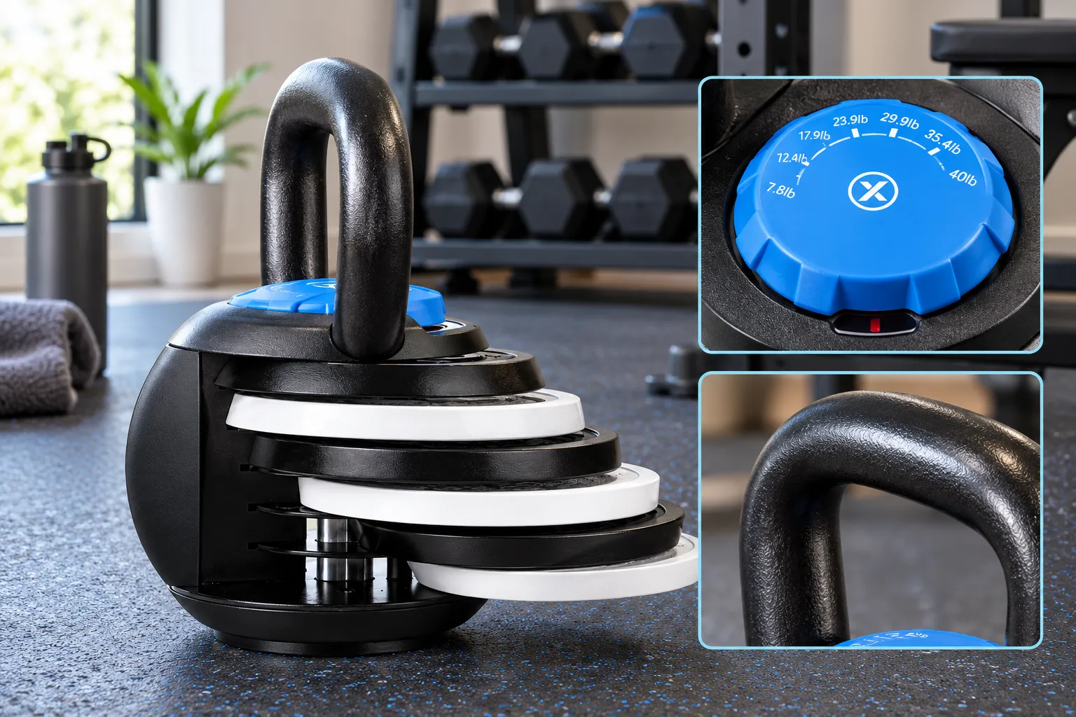 Detailed showcase of the XRT65 40lb Adjustable Kettlebell highlighting its fast-dial weight selector interface and iron handle close-up on a home gym floor. What is the XRT65 40lb Adjustable Kettlebell?