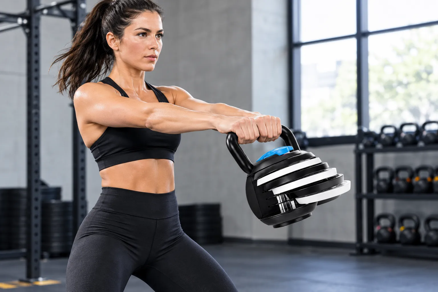 Detailed showcase of the XRT65 40lb Adjustable Kettlebell in action during a kettlebell swing, showing the black and blue shell and stable handle grip. Hands-on experience