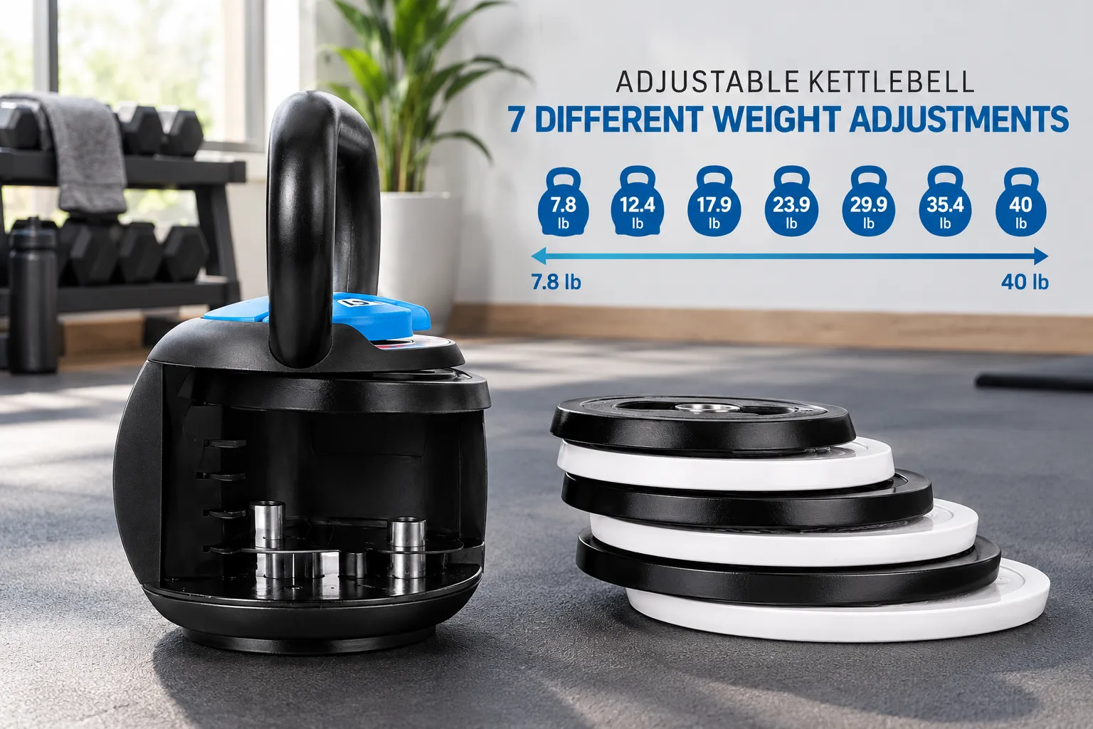 Detailed showcase of the XRT65 40lb Adjustable Kettlebell disassembled with its weight plates stacked beside it, illustrating the 7.8 to 40 lb adjustment range Who should buy this?