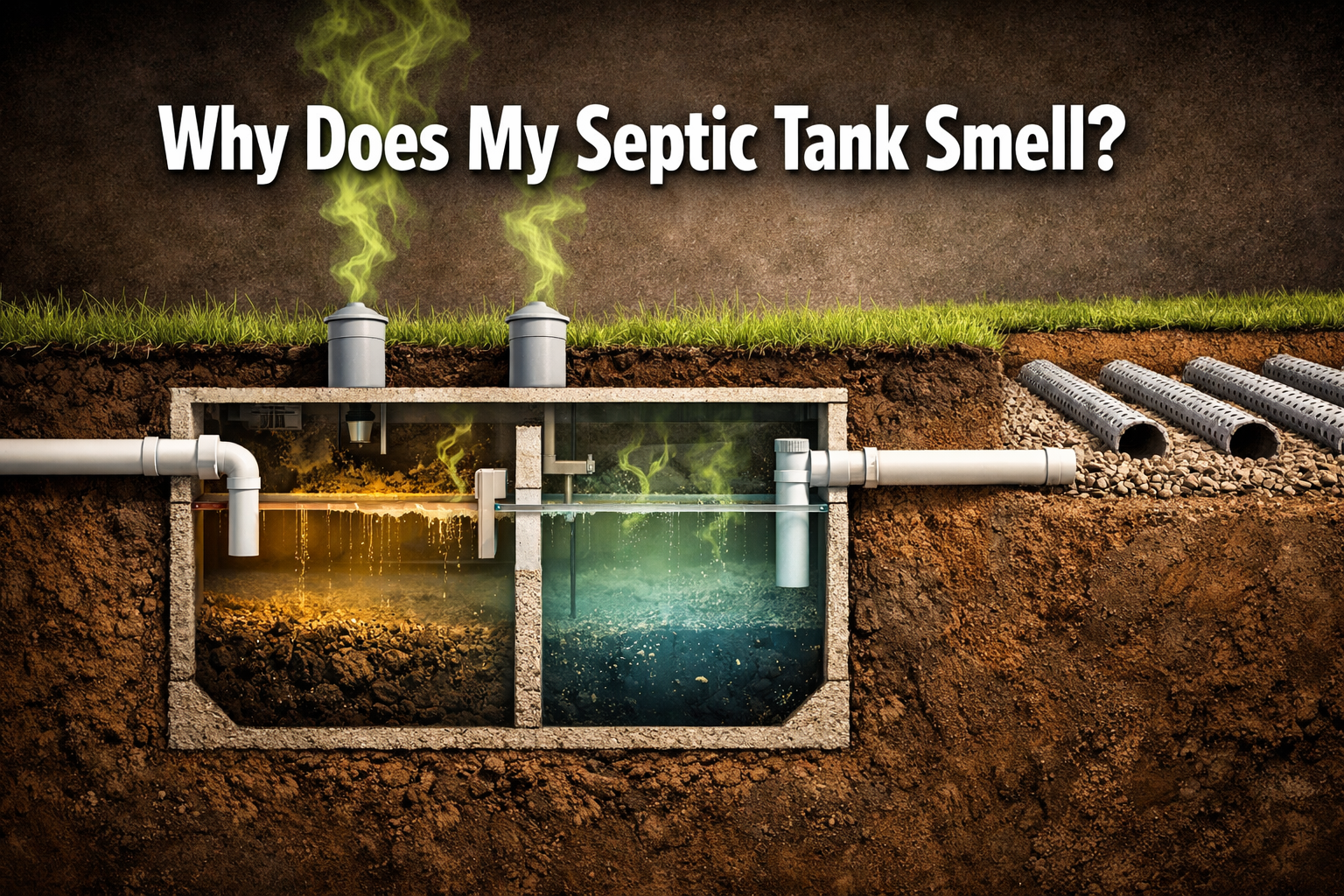 Professional landscape format (1536x1024) hero image featuring bold text overlay 'Why Does My Septic Tank Smell?' in extra large 72pt white 